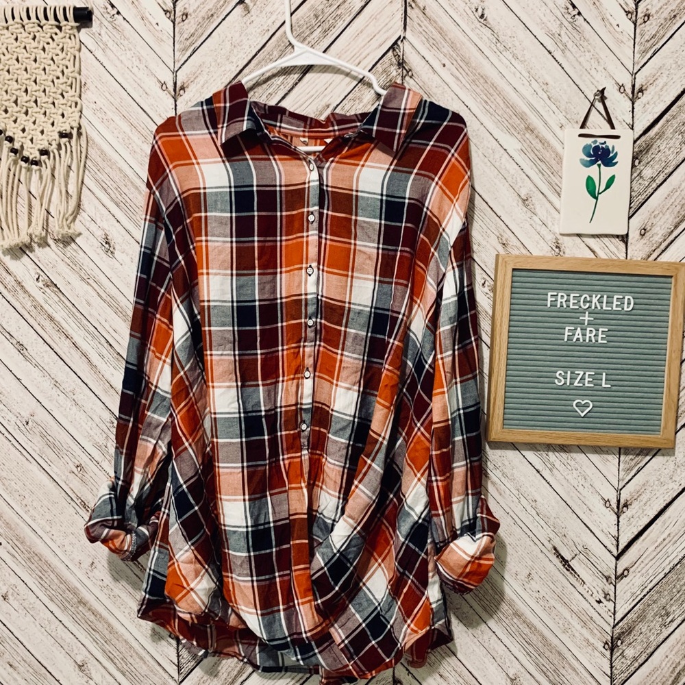 Plaid button up in rust and burgundy